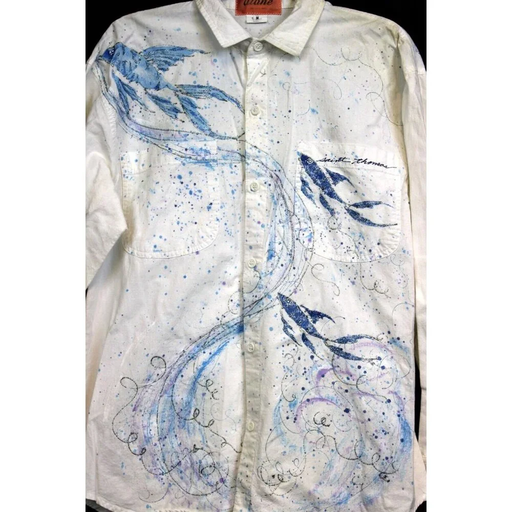 90s Diane St Thomas Hand Painted Shirt Koi Fish Silver Sparkle Splatter Paint - Picture 2 of 14